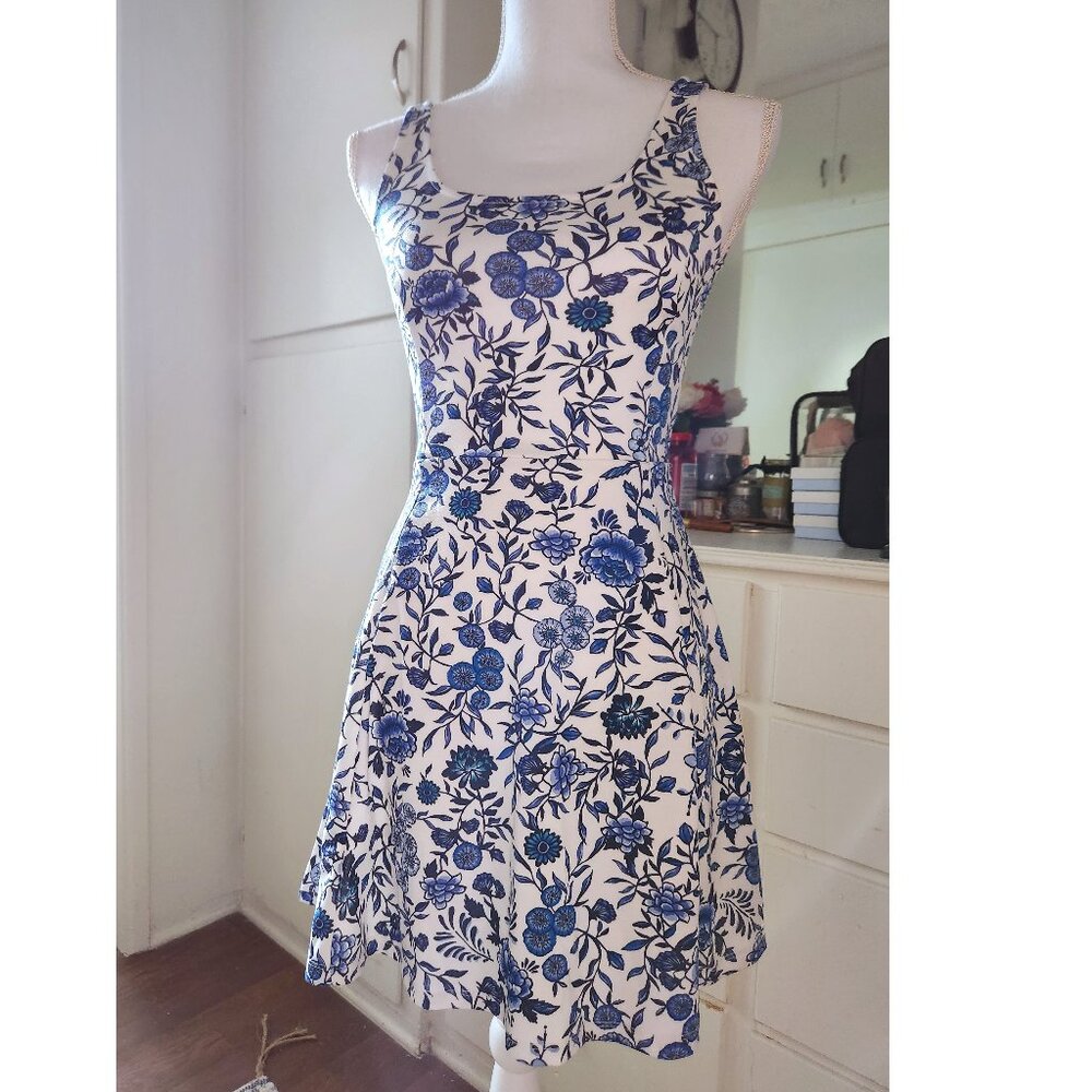 Fit and Flare Scoop Neck Mini Dress Floral White and Blue